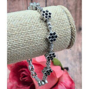 Pretty Silver Tone & Black Rhinestone Floral Link Tennis Bracelet 7.25" Long